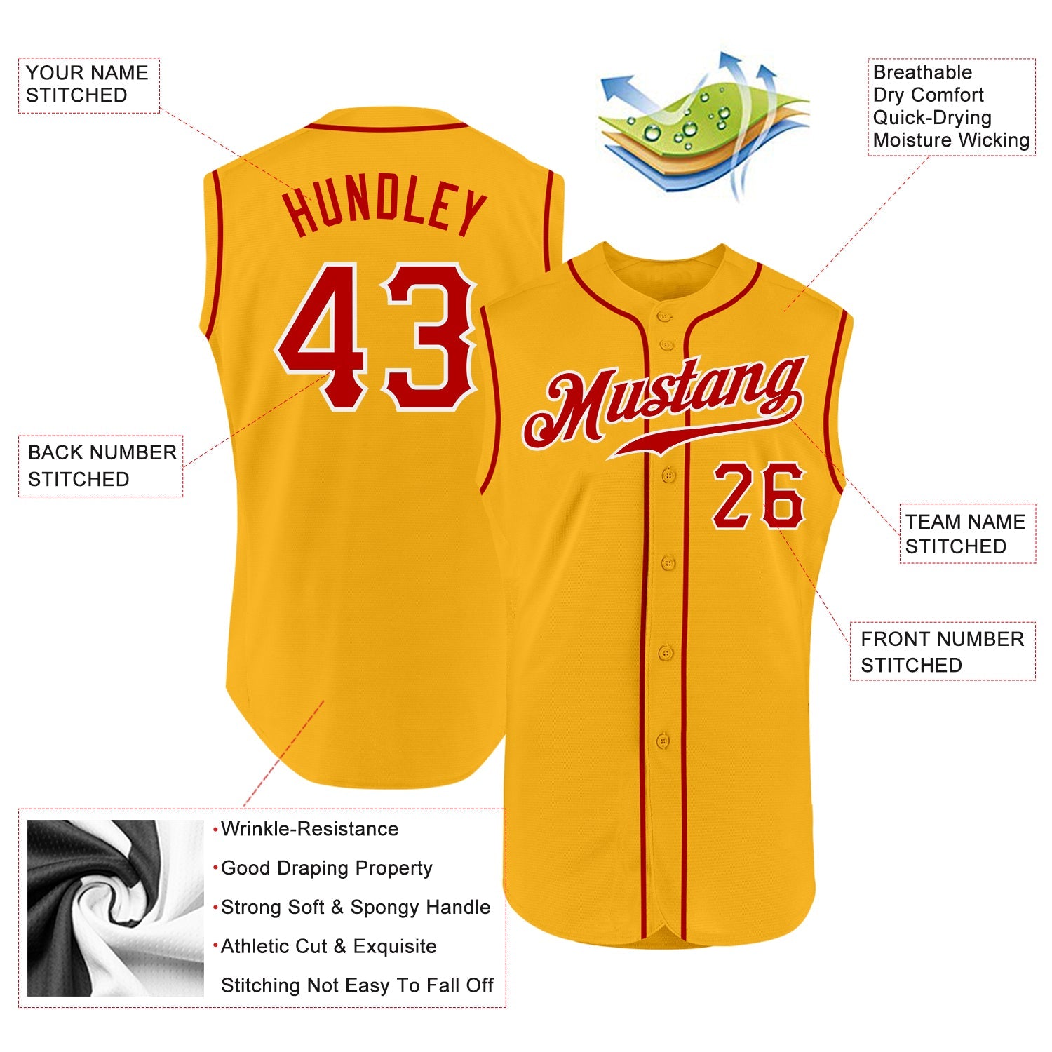 Custom Gold Red-White Authentic Sleeveless Baseball Jersey view 2