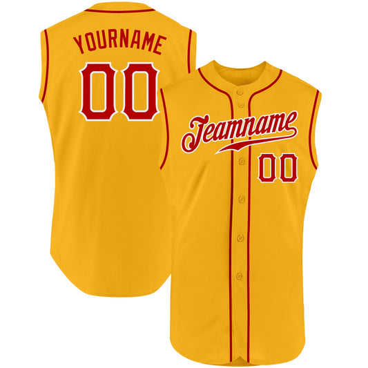 Custom Gold Red-White Authentic Sleeveless Baseball Jersey - Main View