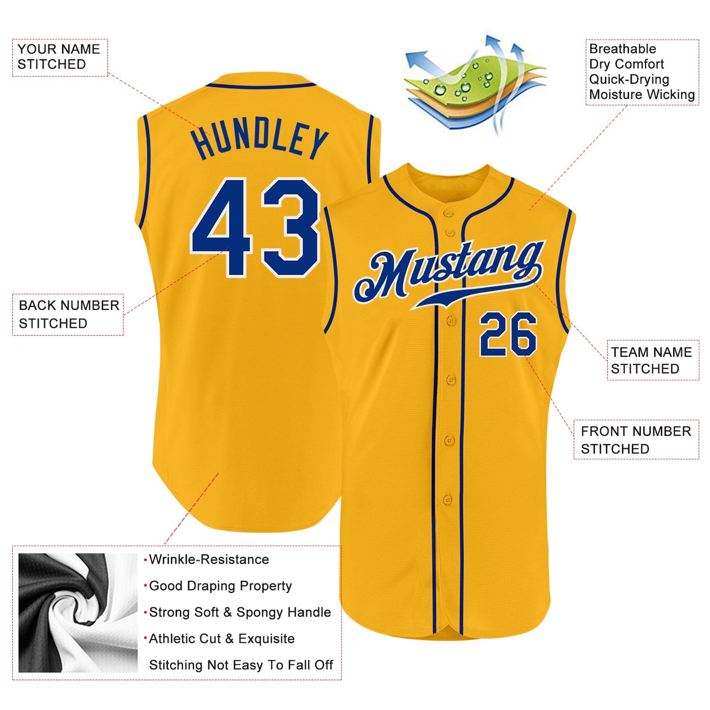 Custom Gold Royal-White Authentic Sleeveless Baseball Jersey view 2