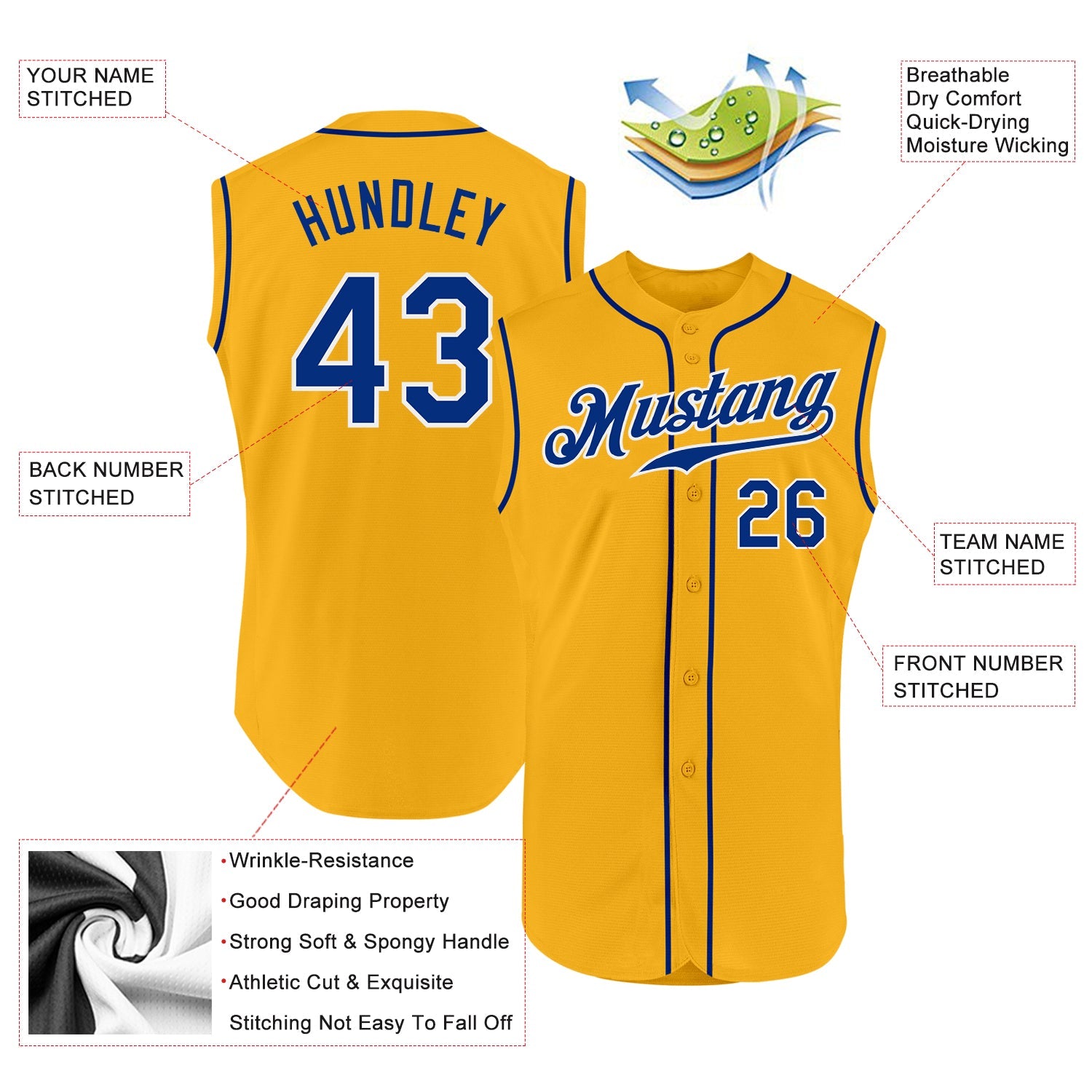 Custom Gold Royal-White Authentic Sleeveless Baseball Jersey view 2
