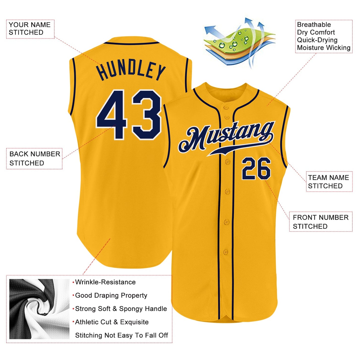 Custom Gold Navy-White Authentic Sleeveless Baseball Jersey view 2