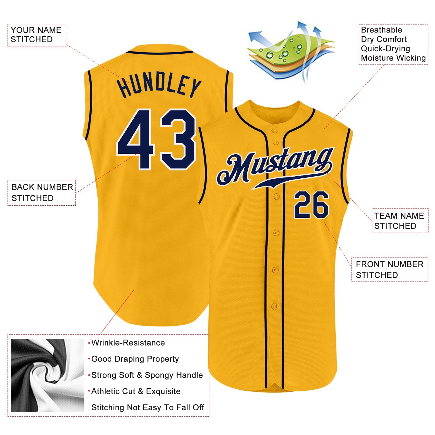 Custom Gold Navy-White Authentic Sleeveless Baseball Jersey view 2