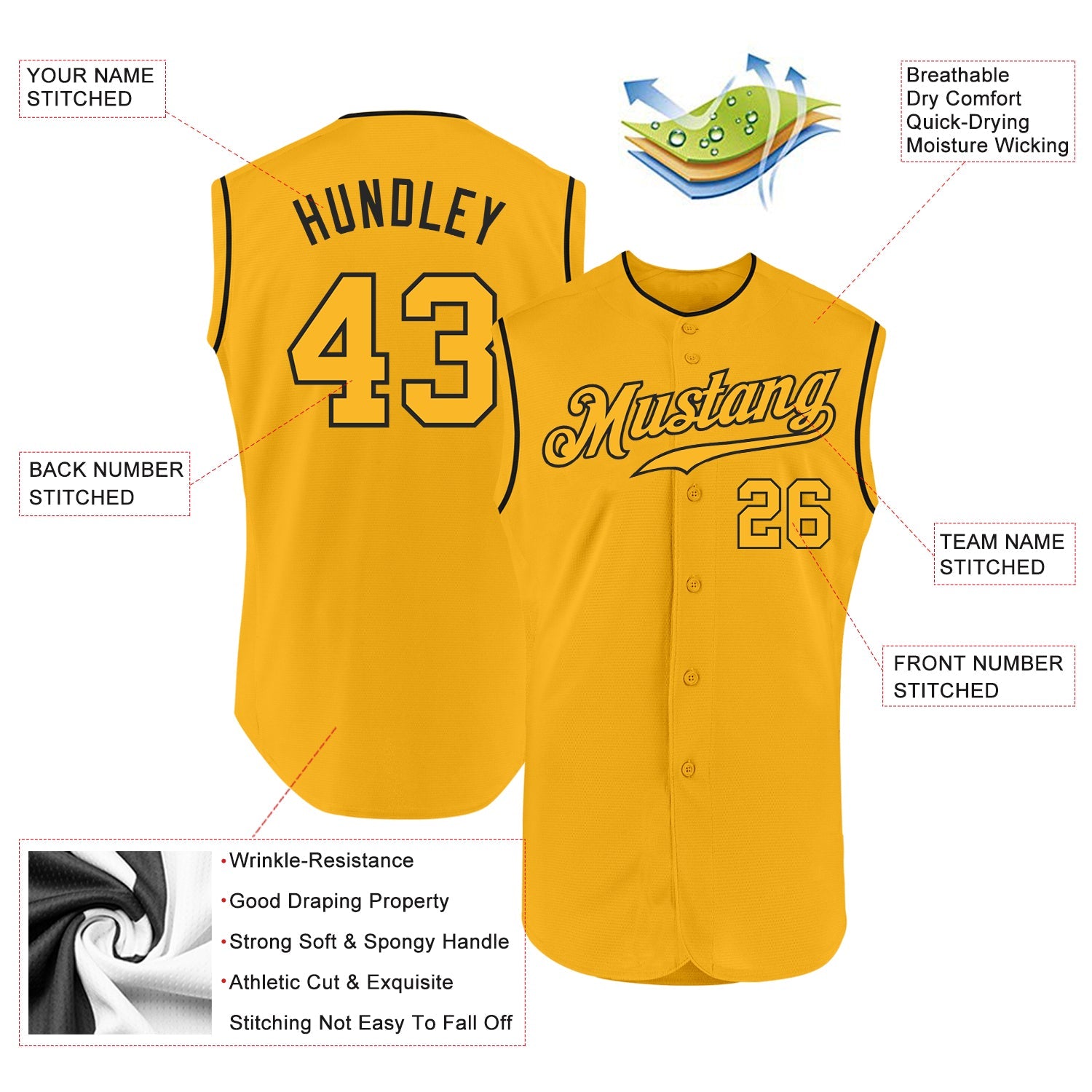 Custom Gold Gold-Black Authentic Sleeveless Baseball Jersey view 2