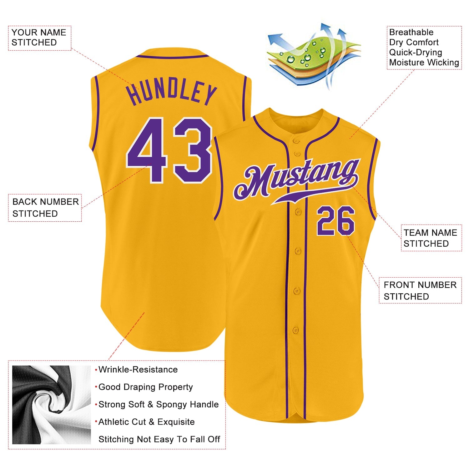 Custom Gold Purple-White Authentic Sleeveless Baseball Jersey view 2