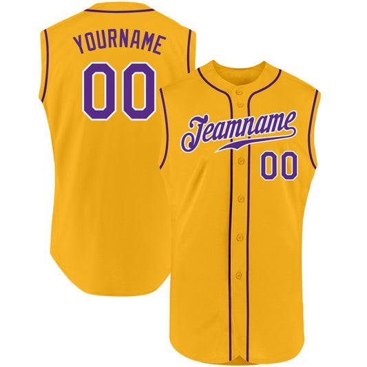 Custom Gold Purple-White Authentic Sleeveless Baseball Jersey - Main View