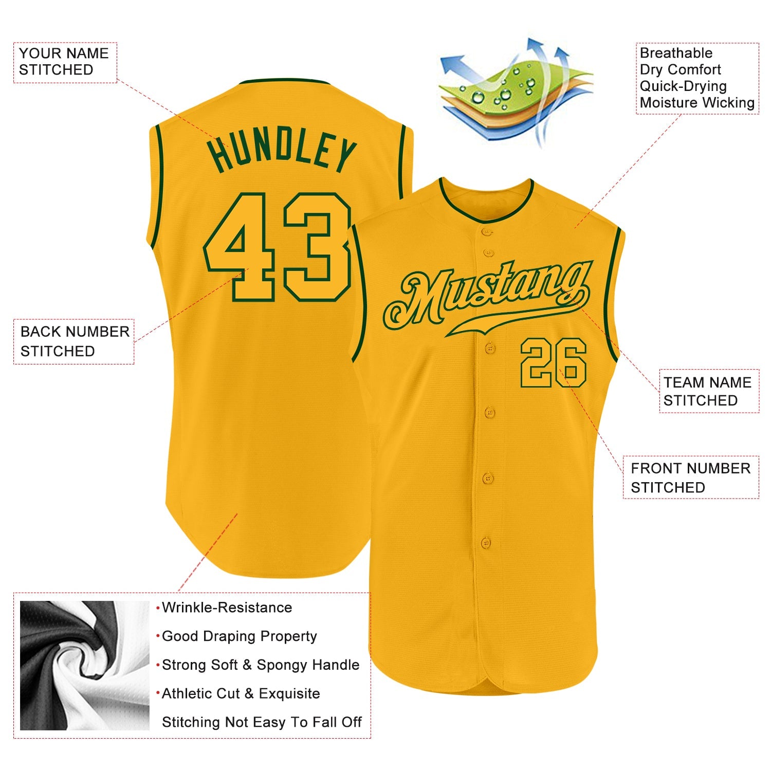 Custom Gold Gold-Green Authentic Sleeveless Baseball Jersey view 2