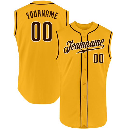 Custom Gold Brown-Cream Authentic Sleeveless Baseball Jersey - Main View
