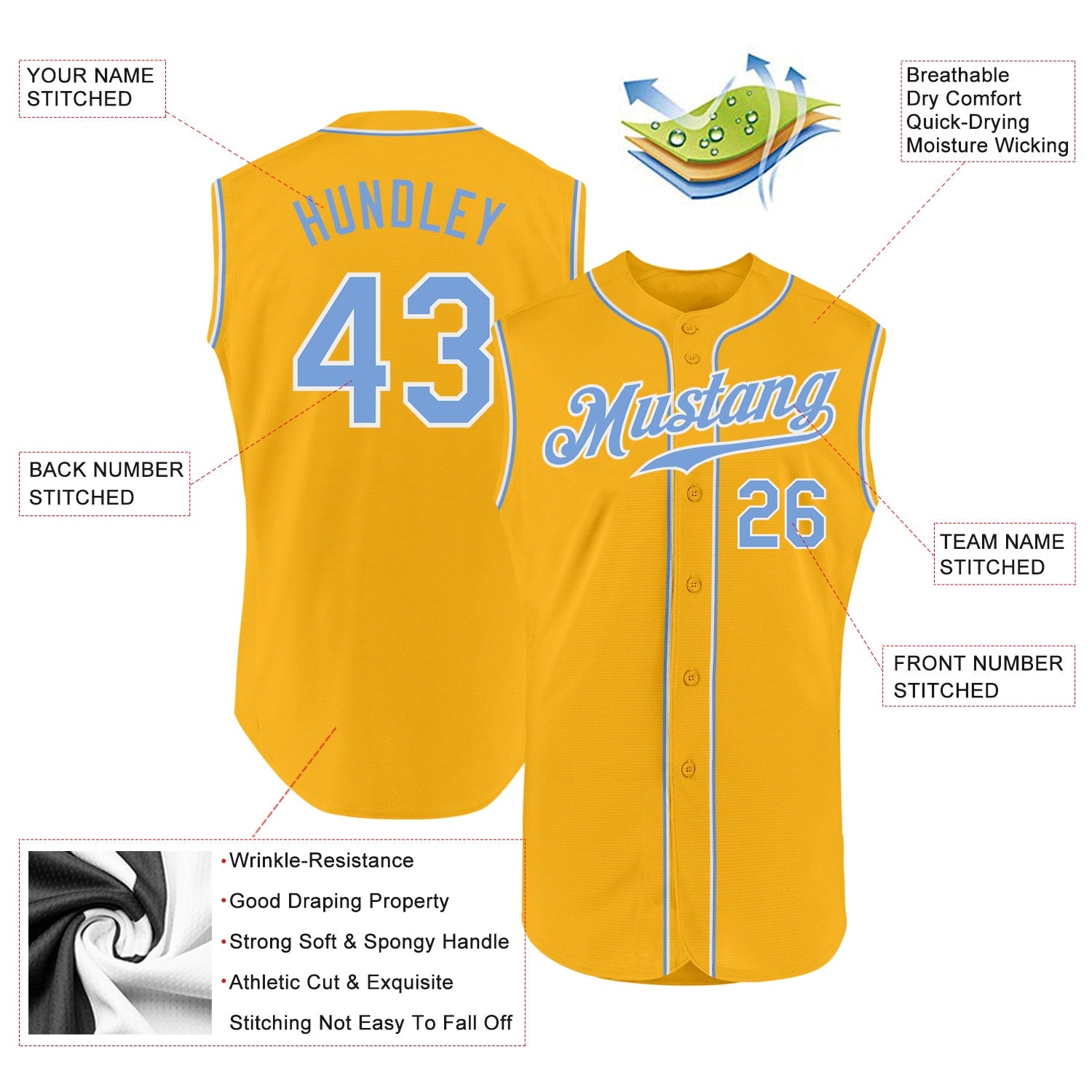 Custom Gold Light Blue-White Authentic Sleeveless Baseball Jersey view 2
