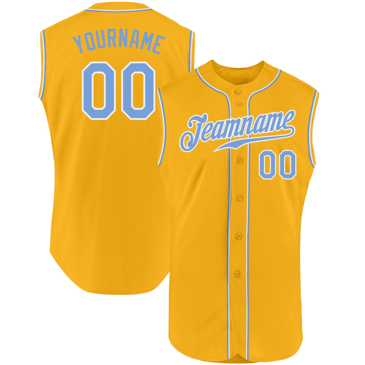 Custom Gold Light Blue-White Authentic Sleeveless Baseball Jersey - Main View
