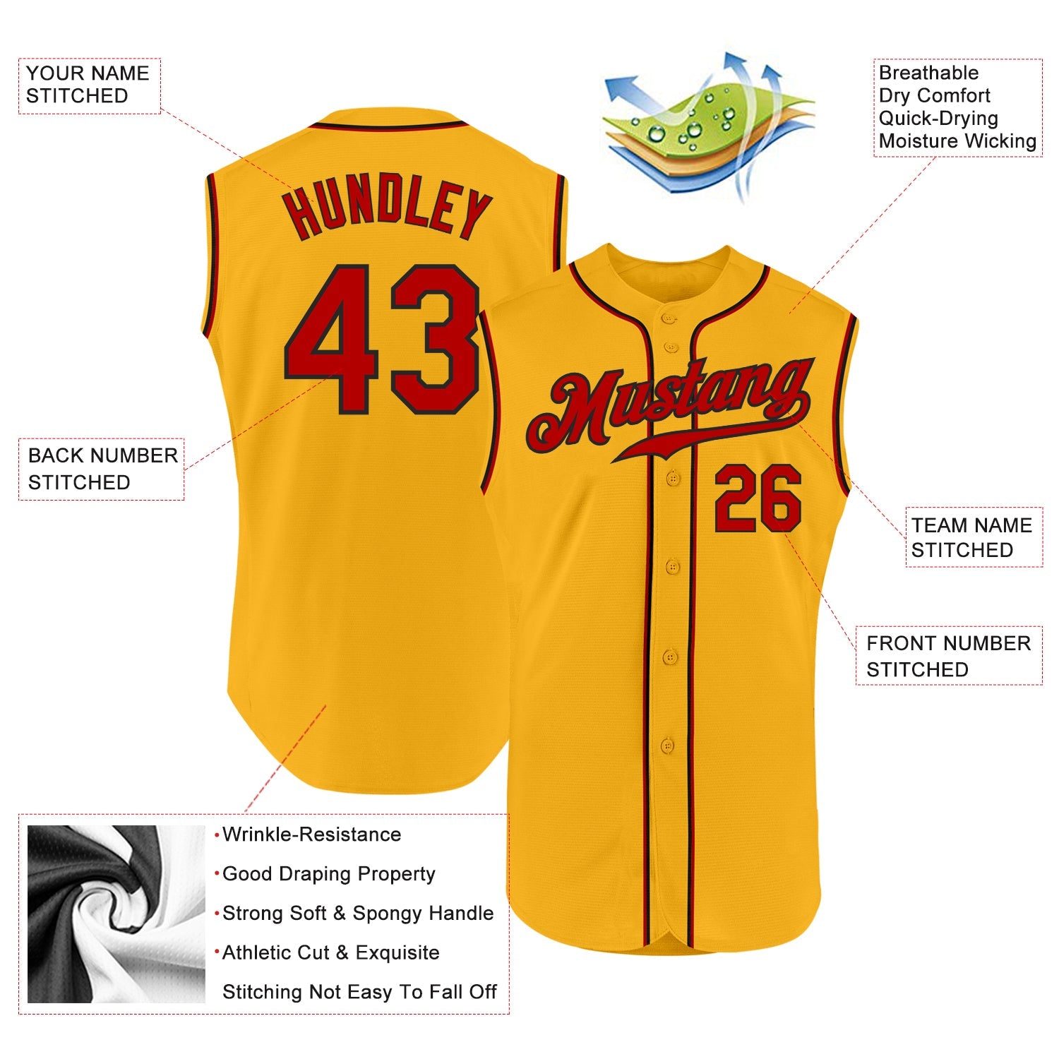 Custom Gold Red-Black Authentic Sleeveless Baseball Jersey view 2