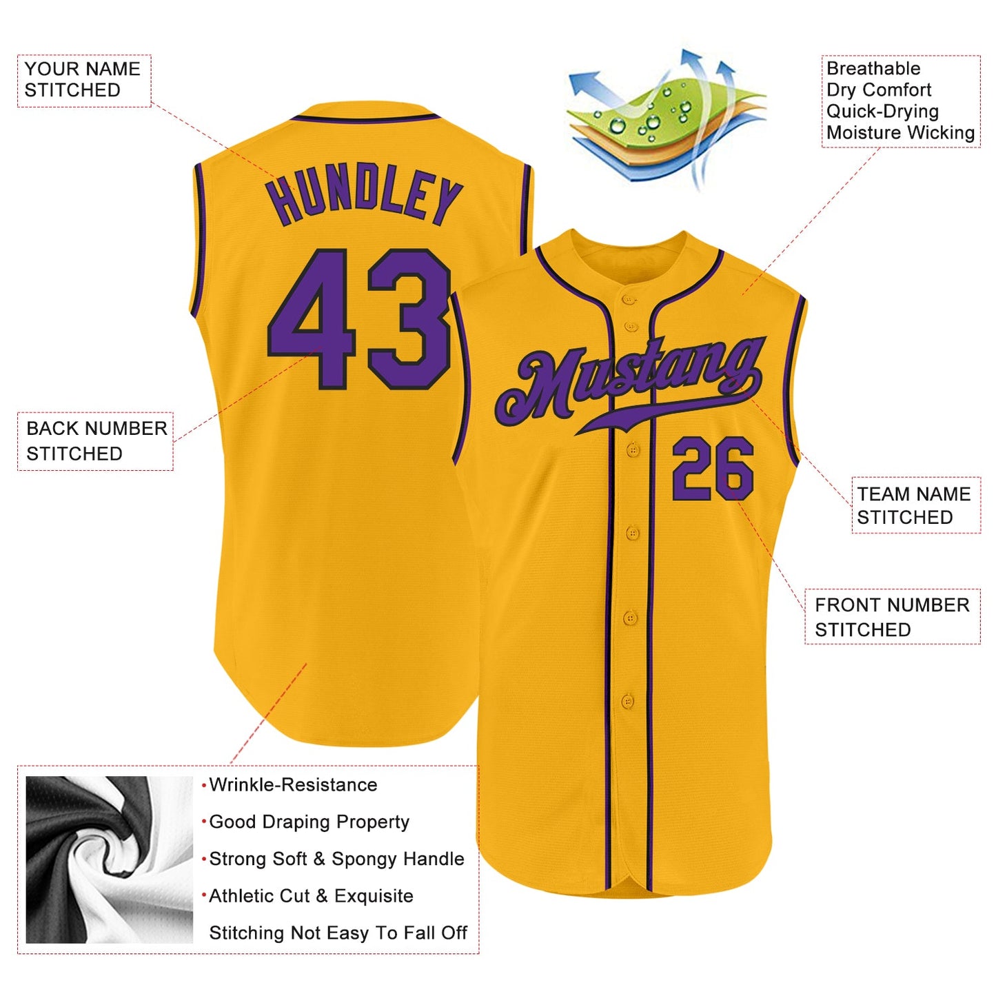 Custom Gold Purple-Black Authentic Sleeveless Baseball Jersey view 2