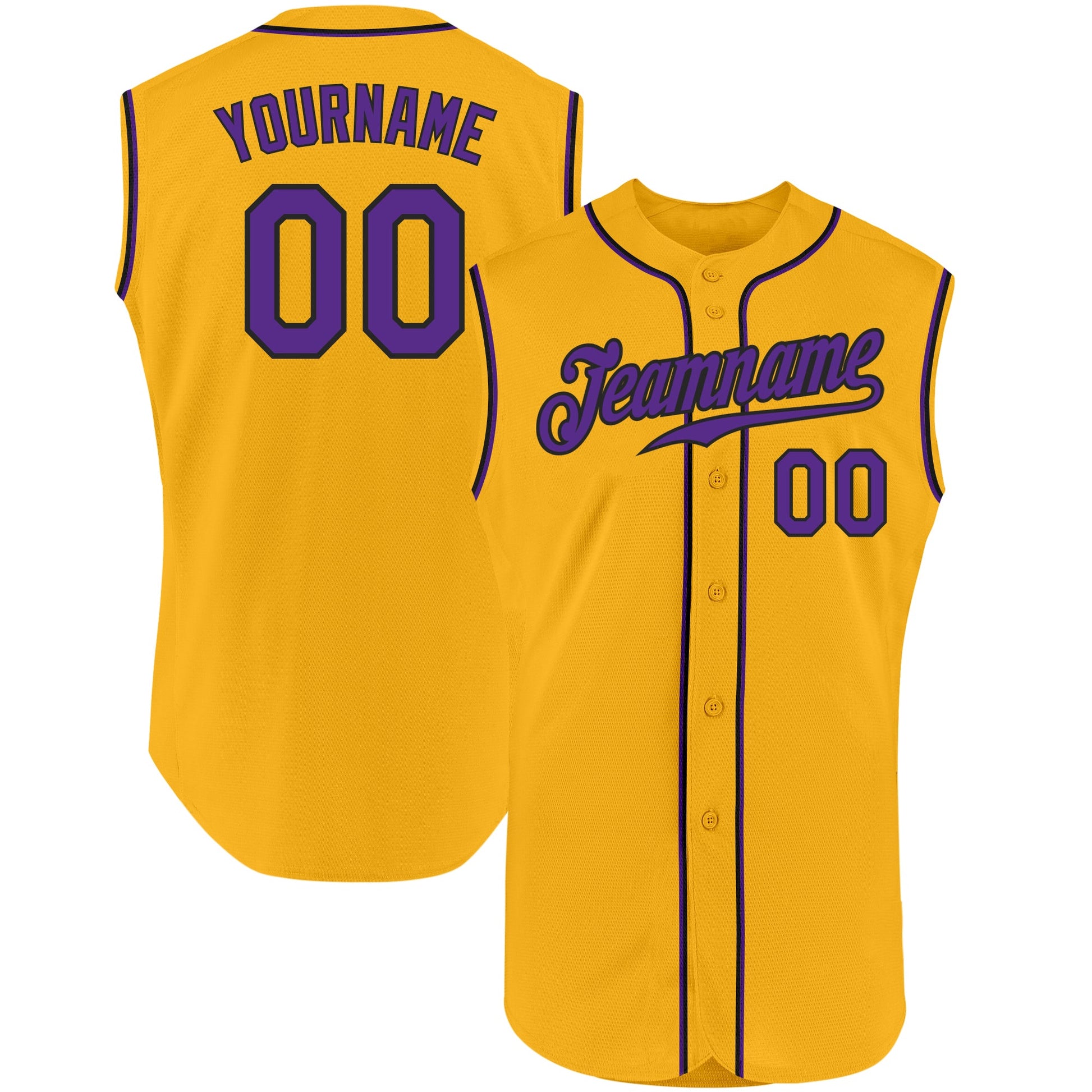 Custom Gold Purple-Black Authentic Sleeveless Baseball Jersey - Main View