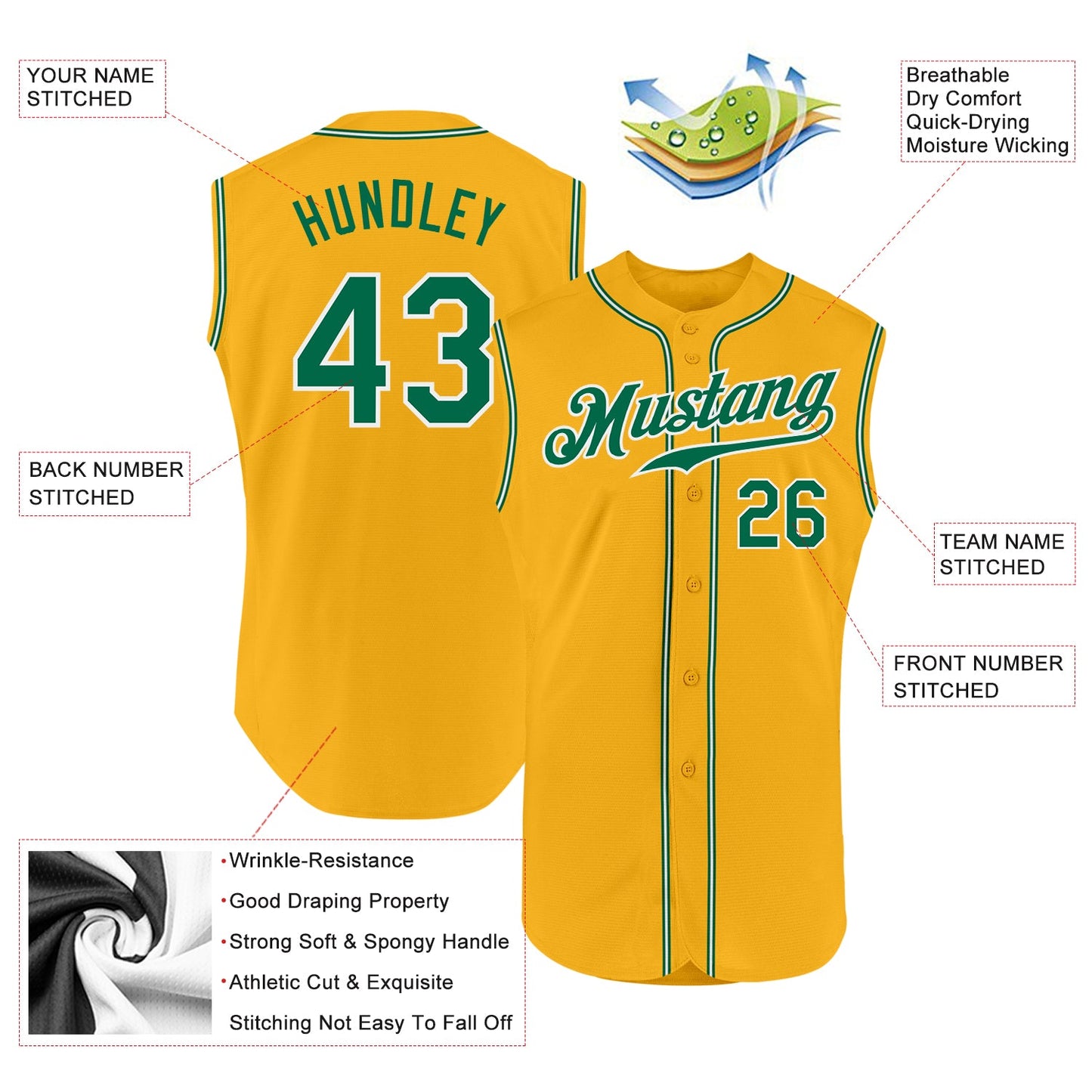 Custom Gold Kelly Green-White Authentic Sleeveless Baseball Jersey view 2