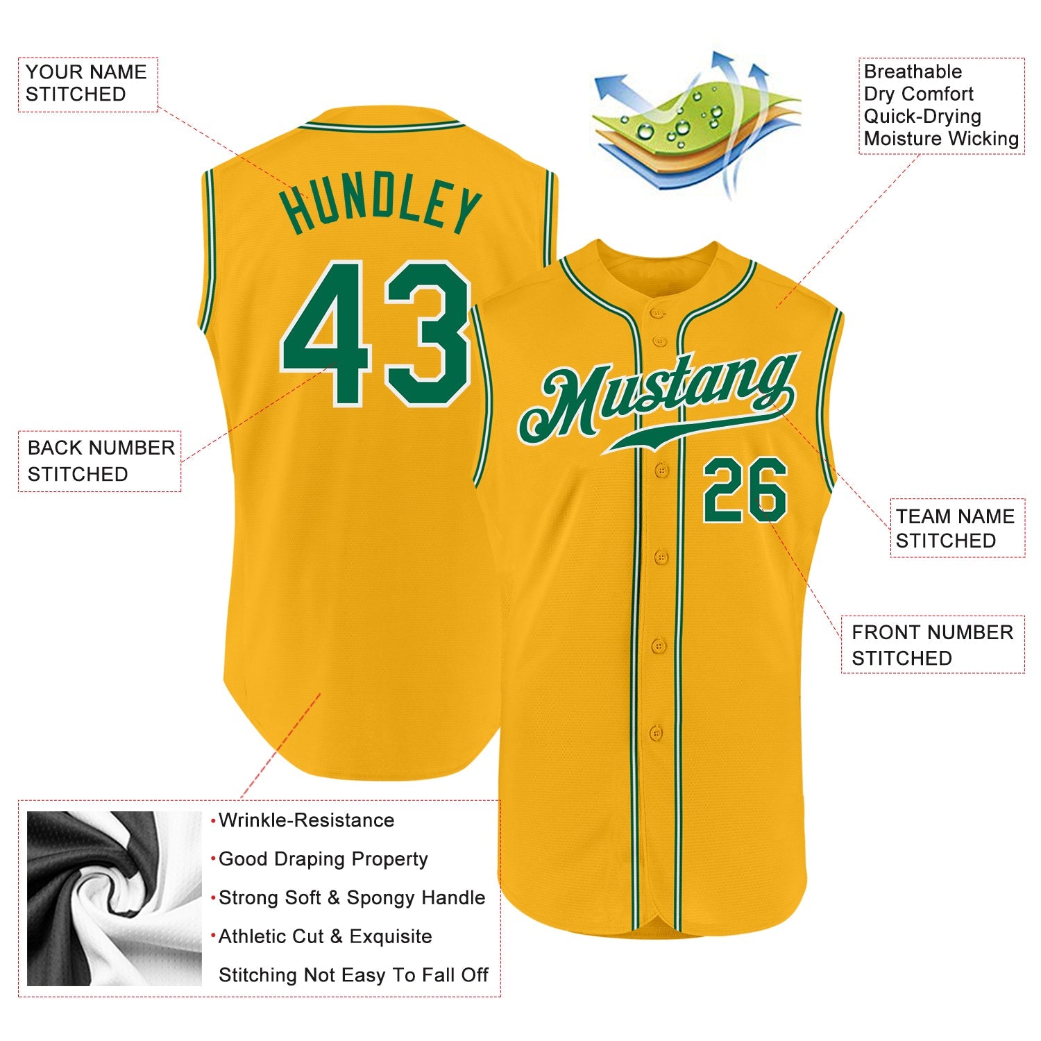 Custom Gold Kelly Green-White Authentic Sleeveless Baseball Jersey view 2