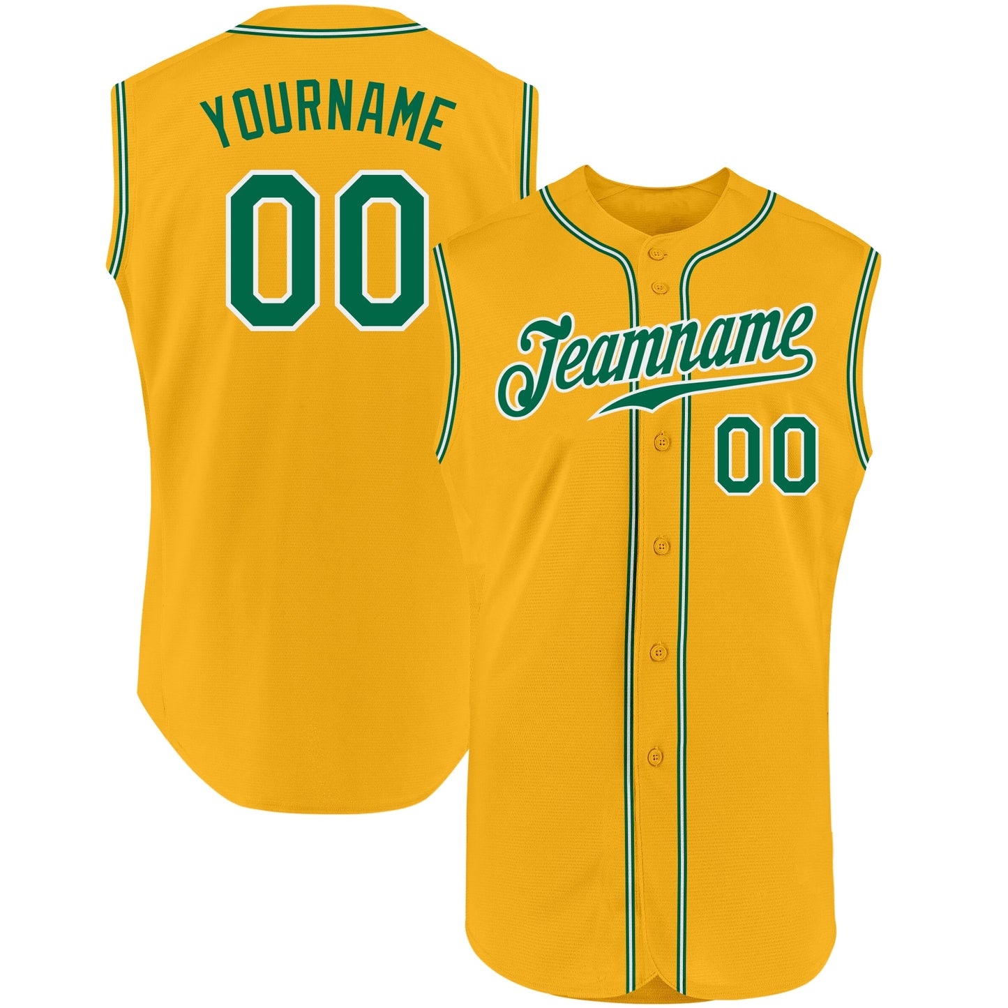 Custom Gold Kelly Green-White Authentic Sleeveless Baseball Jersey - Main View