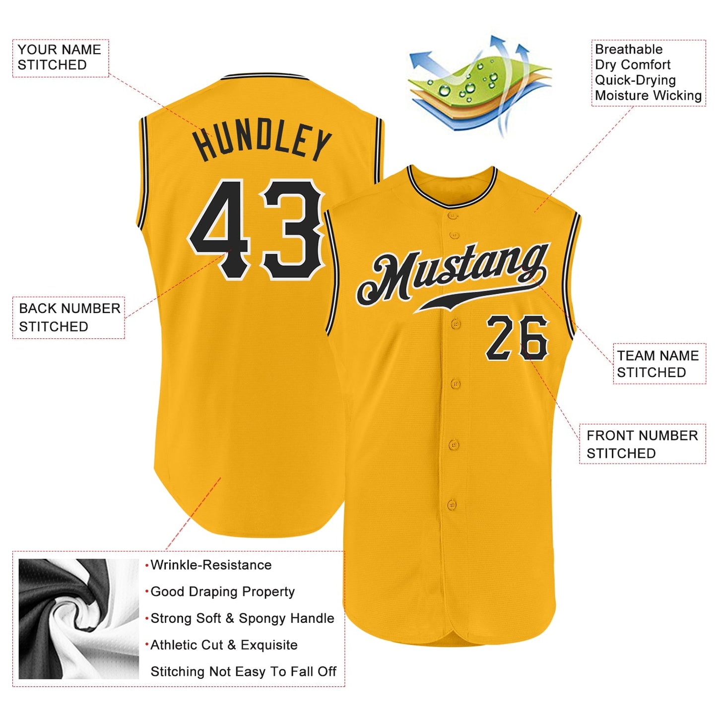 Custom Gold Black-White Authentic Sleeveless Baseball Jersey view 2