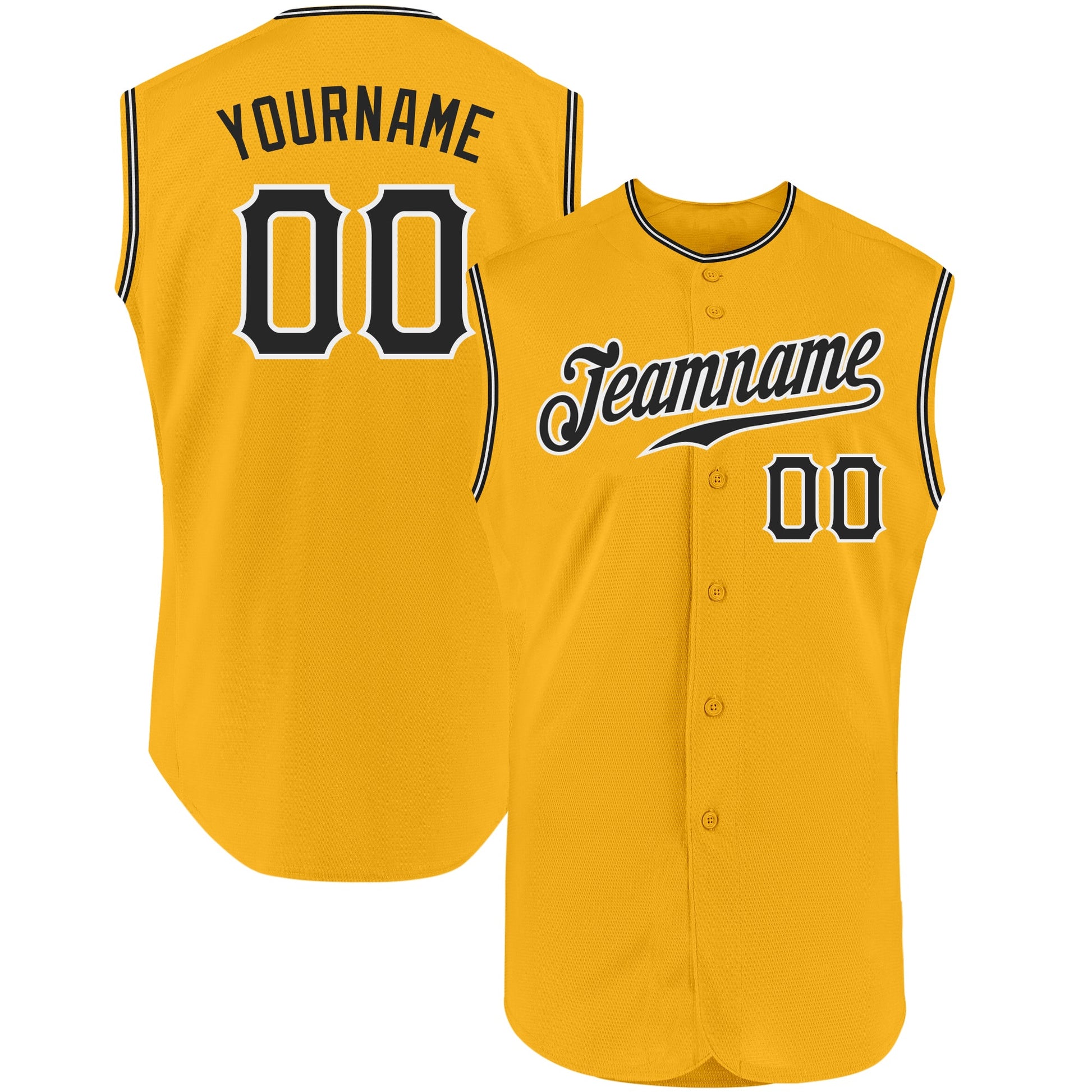 Custom Gold Black-White Authentic Sleeveless Baseball Jersey - Main View