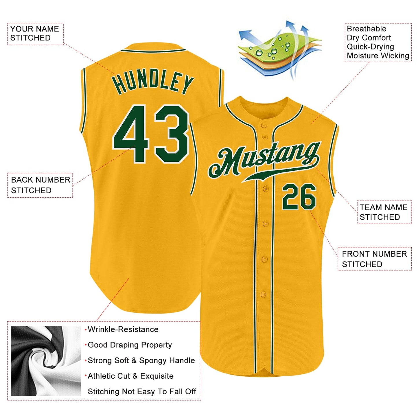Custom Gold Green-White Authentic Sleeveless Baseball Jersey view 2