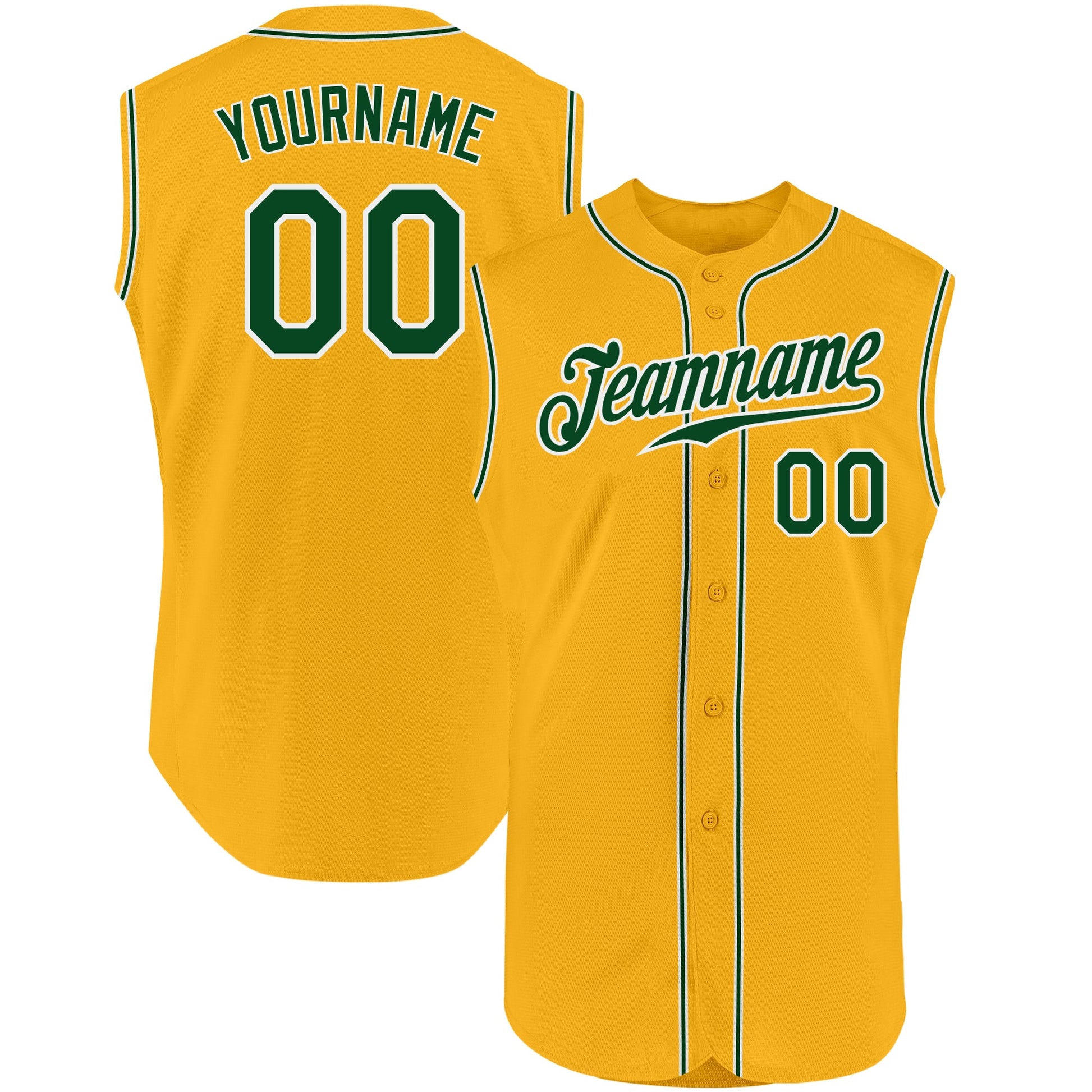 Custom Gold Green-White Authentic Sleeveless Baseball Jersey - Main View