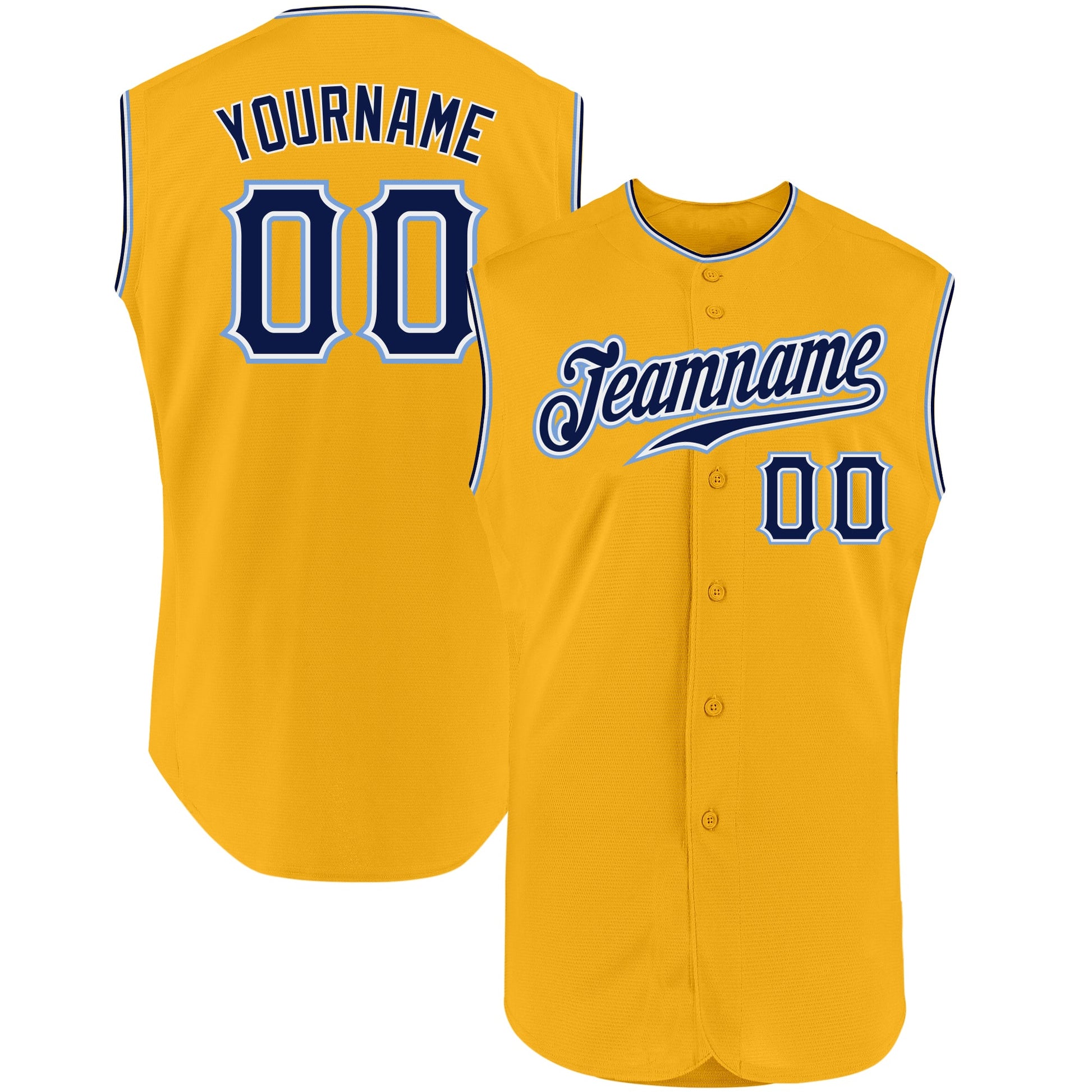 Custom Gold Navy-Light Blue Authentic Sleeveless Baseball Jersey - Main View