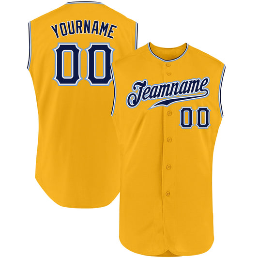 Custom Gold Navy-Light Blue Authentic Sleeveless Baseball Jersey - Main View