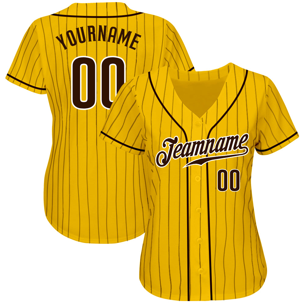 Custom Yellow Brown Pinstripe Brown-White Authentic Baseball Jersey view 2