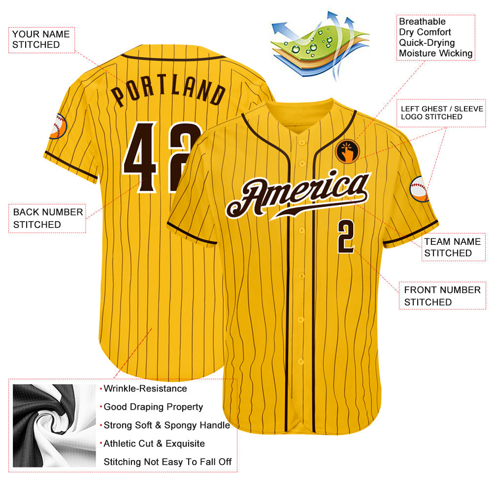 Custom Yellow Brown Pinstripe Brown-White Authentic Baseball Jersey view 3