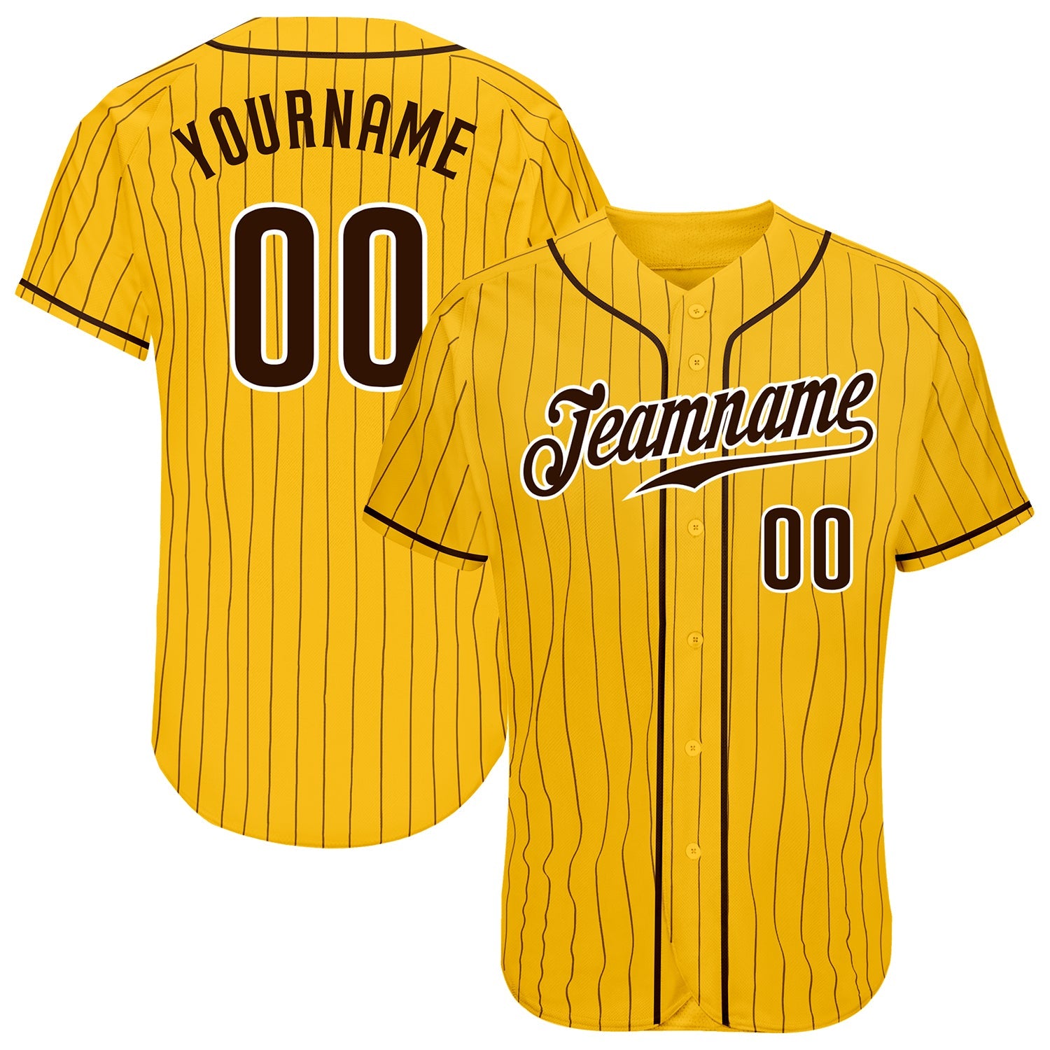 Custom Yellow Brown Pinstripe Brown-White Authentic Baseball Jersey - Main View