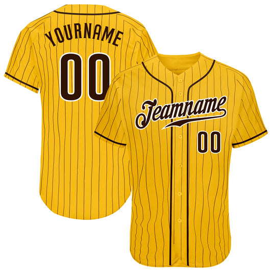 Custom Yellow Brown Pinstripe Brown-White Authentic Baseball Jersey - Main View