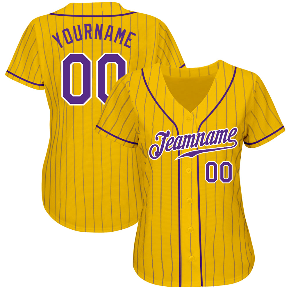 Custom Yellow Purple Pinstripe Purple-White Authentic Baseball Jersey view 2