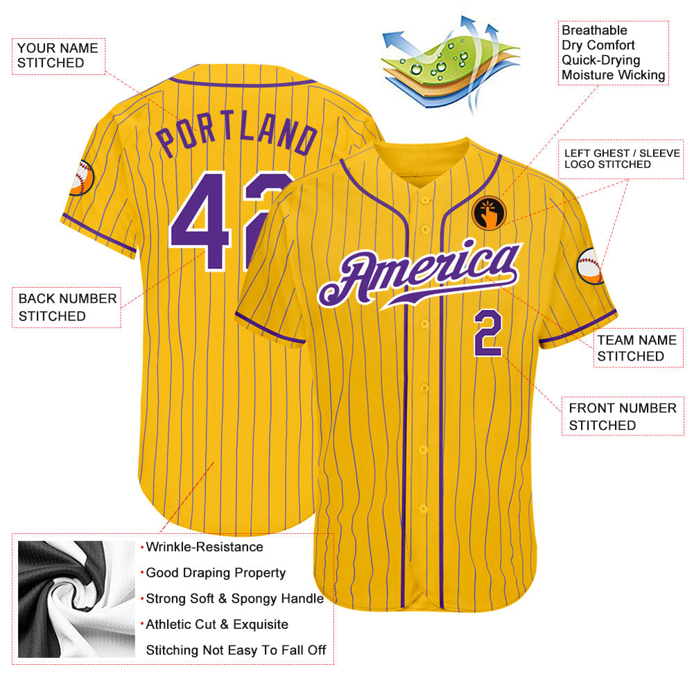 Custom Yellow Purple Pinstripe Purple-White Authentic Baseball Jersey view 3