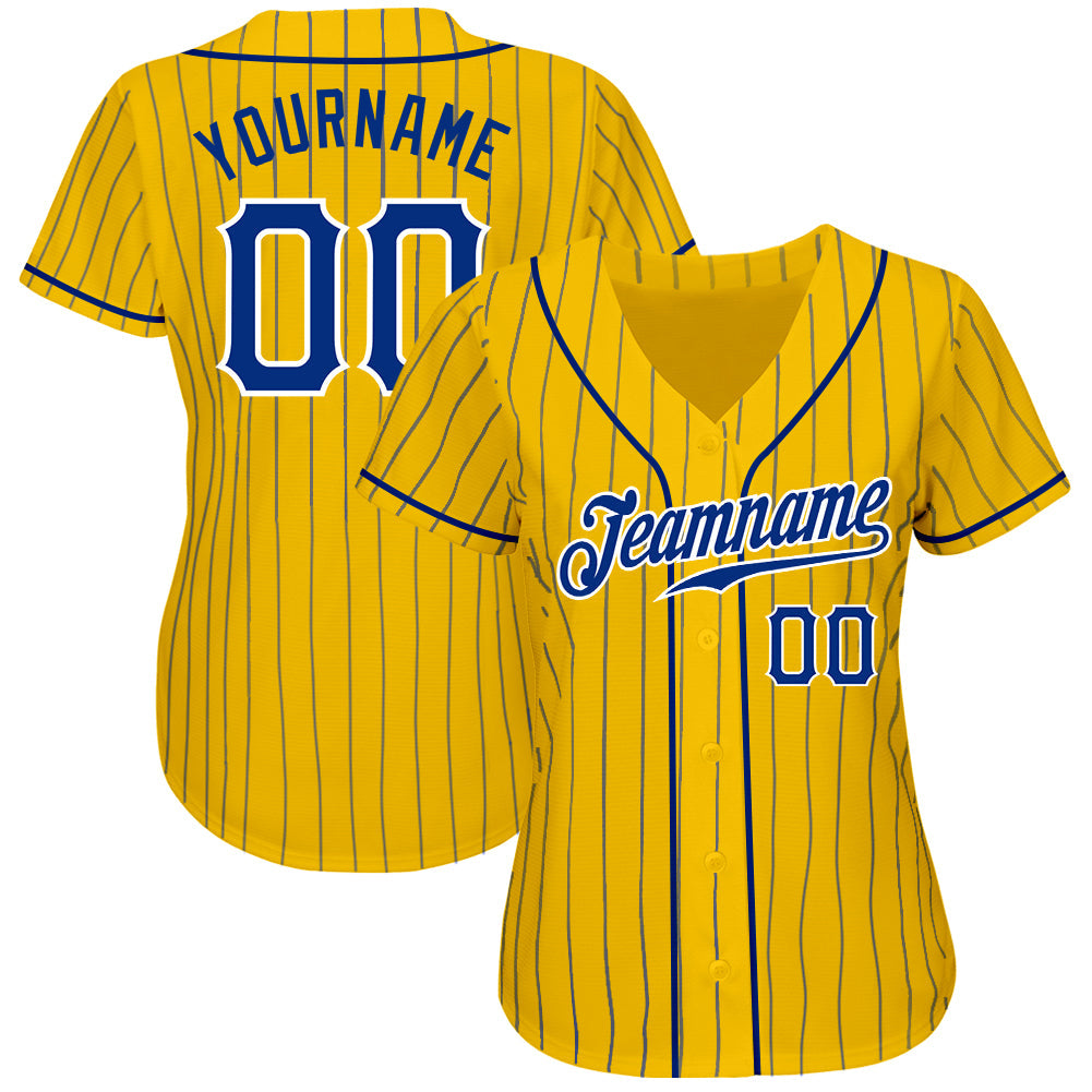 Custom Yellow Royal Pinstripe Royal-White Authentic Baseball Jersey view 2