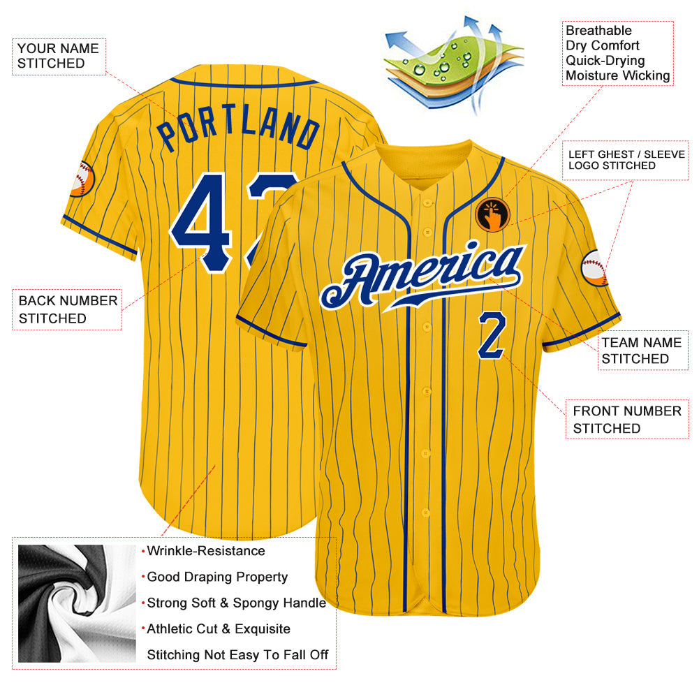 Custom Yellow Royal Pinstripe Royal-White Authentic Baseball Jersey view 3