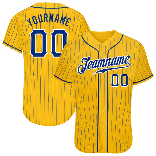 Custom Yellow Royal Pinstripe Royal-White Authentic Baseball Jersey - Main View