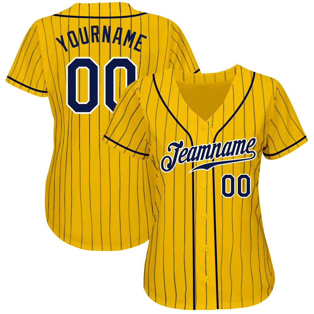Custom Yellow Navy Pinstripe Navy-White Authentic Baseball Jersey view 2