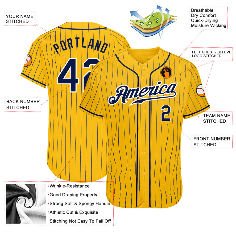 Custom Yellow Navy Pinstripe Navy-White Authentic Baseball Jersey view 3