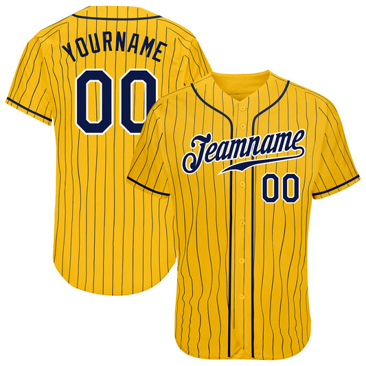 Custom Yellow Navy Pinstripe Navy-White Authentic Baseball Jersey - Main View