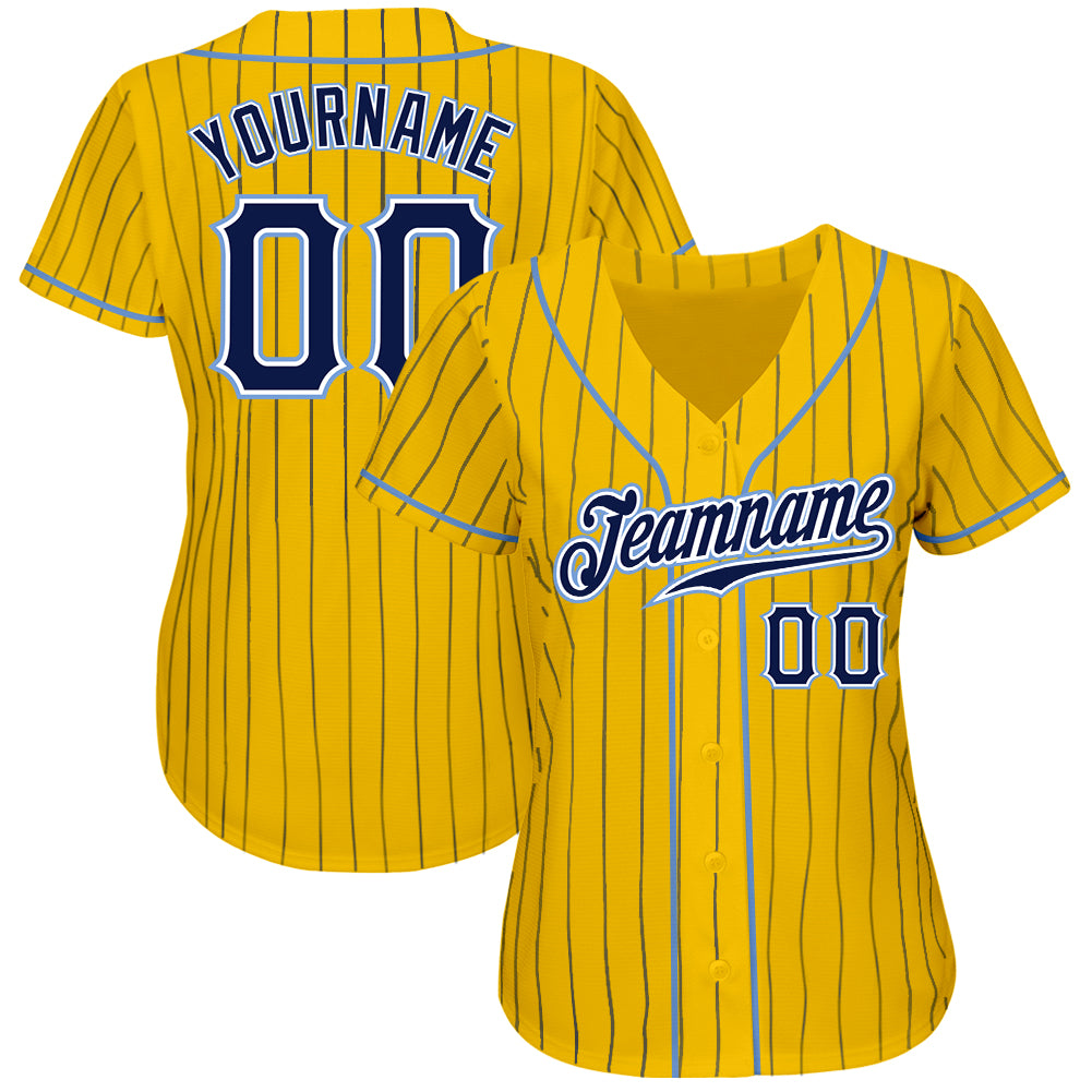 Custom Yellow Navy Pinstripe Navy-Light Blue Authentic Baseball Jersey view 2