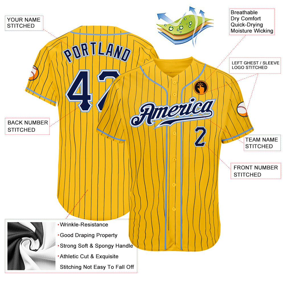 Custom Yellow Navy Pinstripe Navy-Light Blue Authentic Baseball Jersey view 3