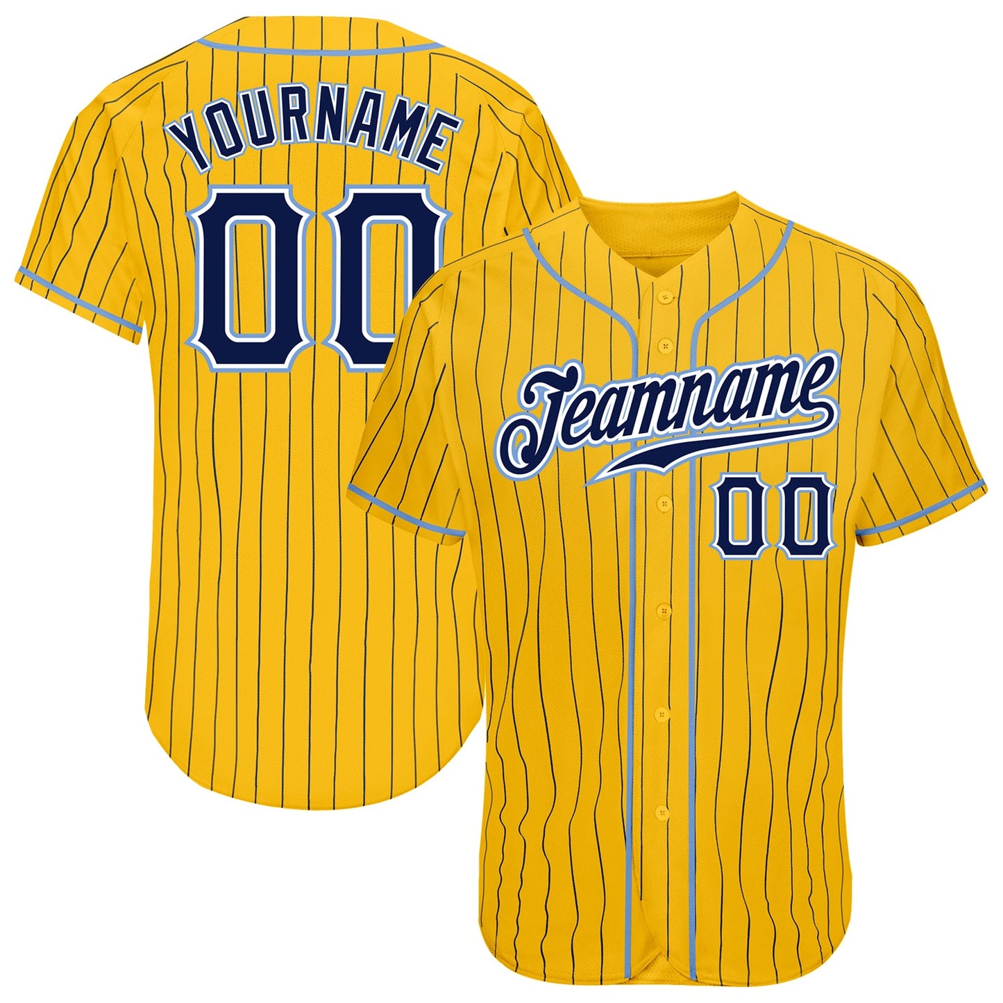 Custom Yellow Navy Pinstripe Navy-Light Blue Authentic Baseball Jersey - Main View