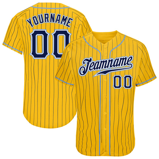 Custom Yellow Navy Pinstripe Navy-Light Blue Authentic Baseball Jersey - Main View