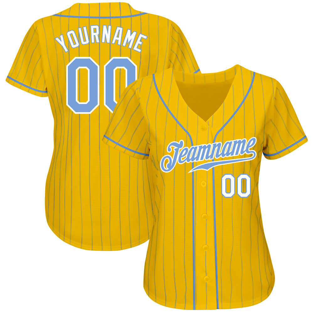 Custom Yellow Light Blue Pinstripe Light Blue-White Authentic Baseball Jersey view 2