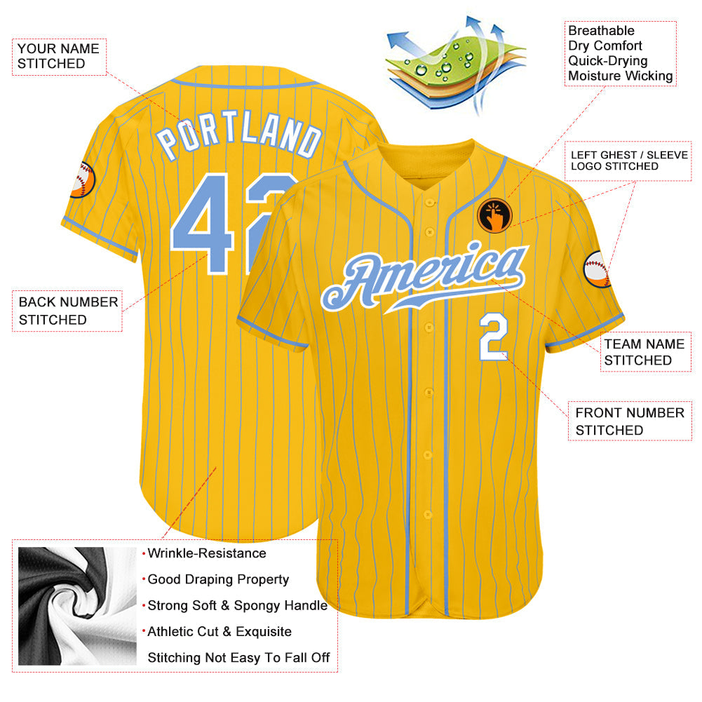 Custom Yellow Light Blue Pinstripe Light Blue-White Authentic Baseball Jersey view 3