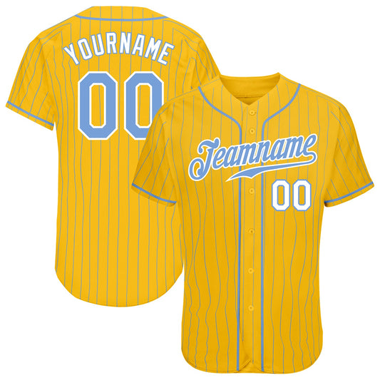 Custom Yellow Light Blue Pinstripe Light Blue-White Authentic Baseball Jersey - Main View