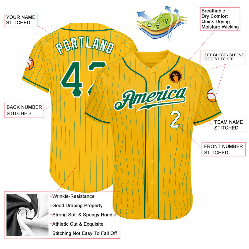 Custom Yellow Kelly Green Pinstripe Kelly Green-White Authentic Baseball Jersey view 3