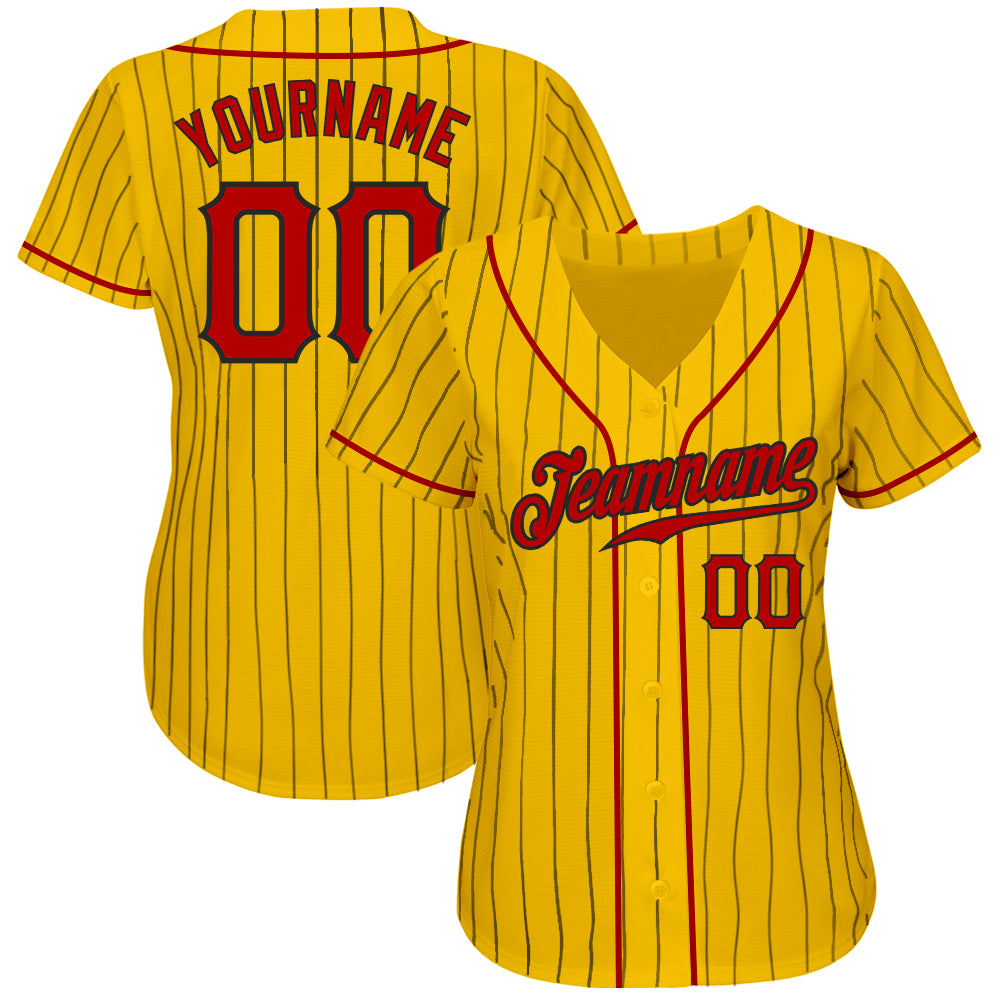 Custom Yellow Black Pinstripe Red-Black Authentic Baseball Jersey view 2