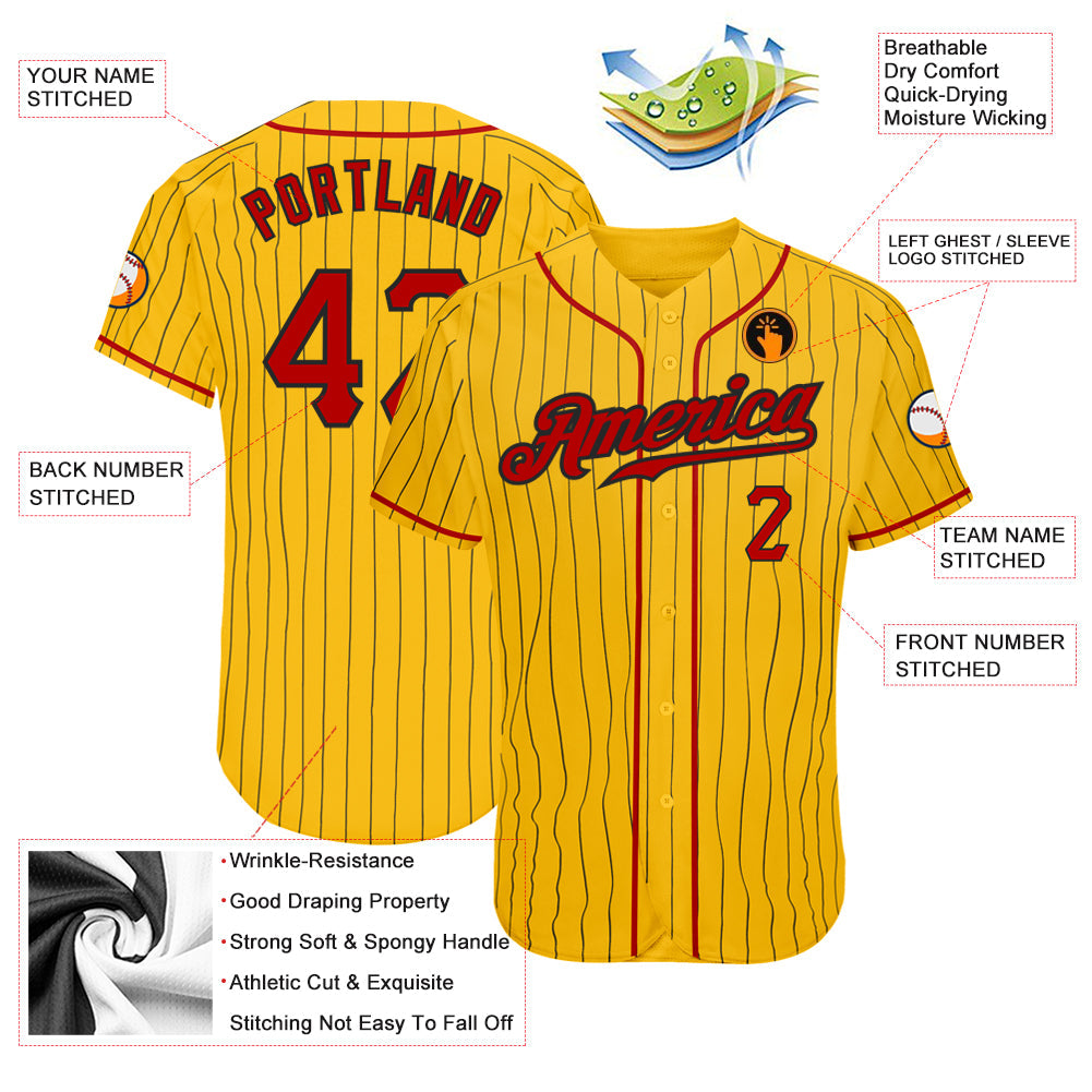 Custom Yellow Black Pinstripe Red-Black Authentic Baseball Jersey view 3