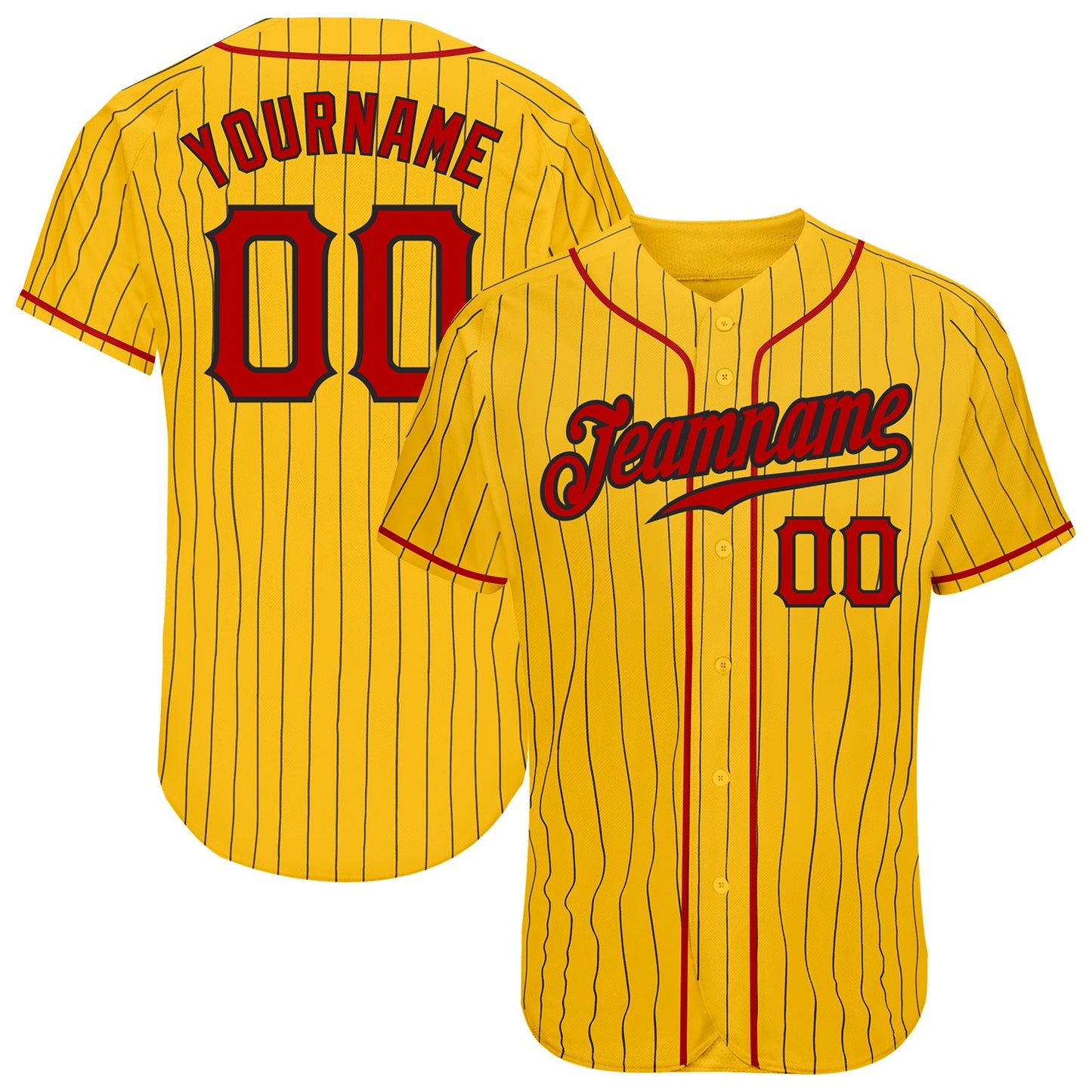 Custom Yellow Black Pinstripe Red-Black Authentic Baseball Jersey - Main View
