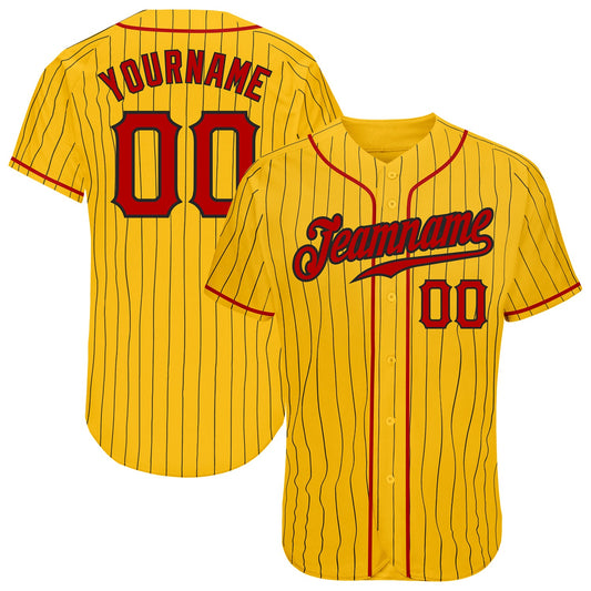 Custom Yellow Black Pinstripe Red-Black Authentic Baseball Jersey - Main View