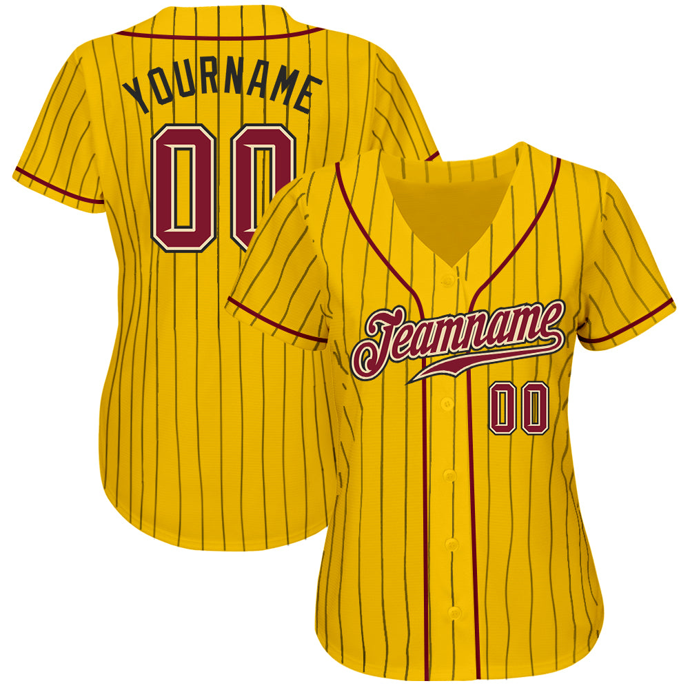 Custom Yellow Black Pinstripe Crimson-Cream Authentic Baseball Jersey view 2